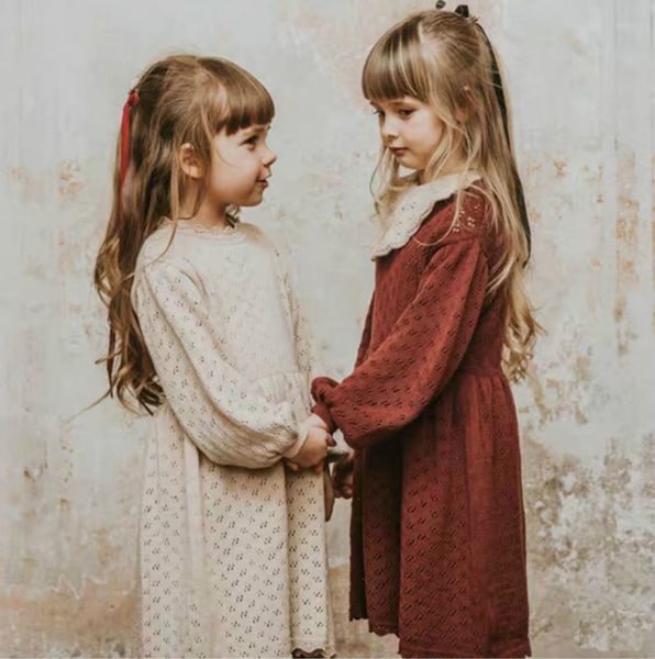 

girl fashion sweater dress child hollow long sleeved skirt girls lolita solid color hole lace kids princess dress fashion knitted dresses, Red;yellow