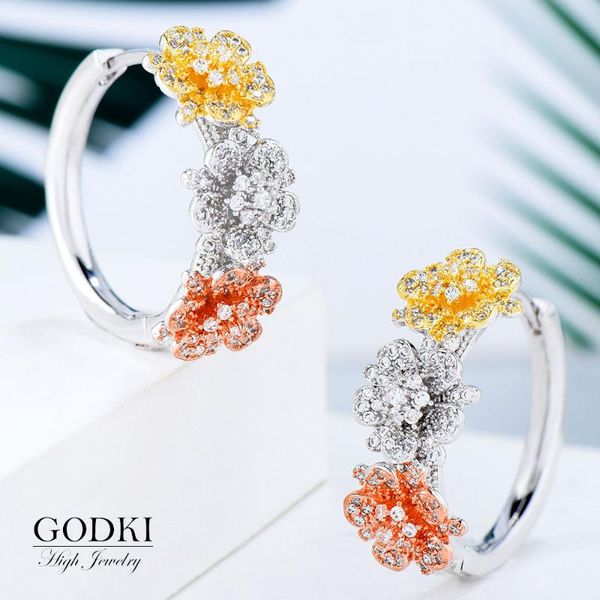 

hoop & huggie godki luxury 3 tone flower cubic zircon statement big earrings for women wedding dubai bridal round circle earring, Golden;silver