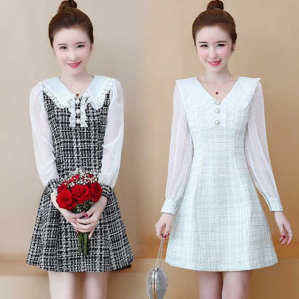 

2020 new tweed plaid patchwork office dress women buttons high waist a-line dress elegant party short autumn, Black;gray