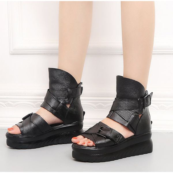 

women sandals casual comfort ladies shoes peep toe buckle summer zip gladiator rome high platform female women's plus size 2020, Black