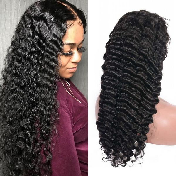

malaysian deep wave lace wig curly human hair wig lace front wig with baby hair 130% density, Black;brown