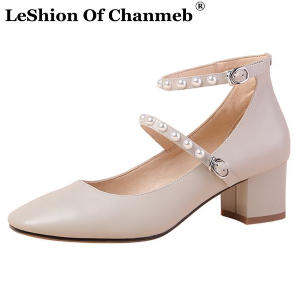

elegant women's natural leather pumps shoes woman block heels square toe party shoes pearls female ankle strap buckle mary janes, Black