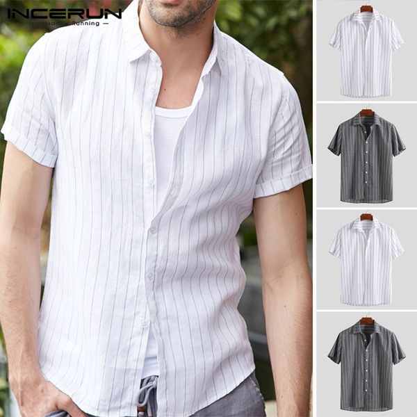 

incerun short-sleeved striped 2020 summer new solid color thin shirt men slim lapel shirt men's retro literary camisa masculina, White;black