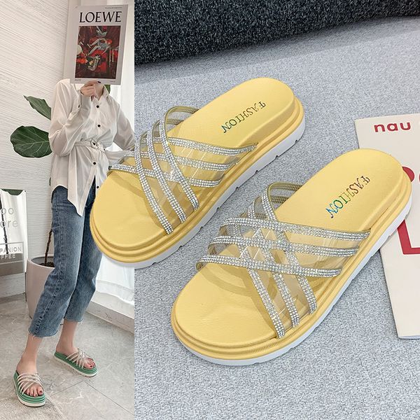 

slippers female 2020 thick bottom slippers female transparent rhinestone, Black