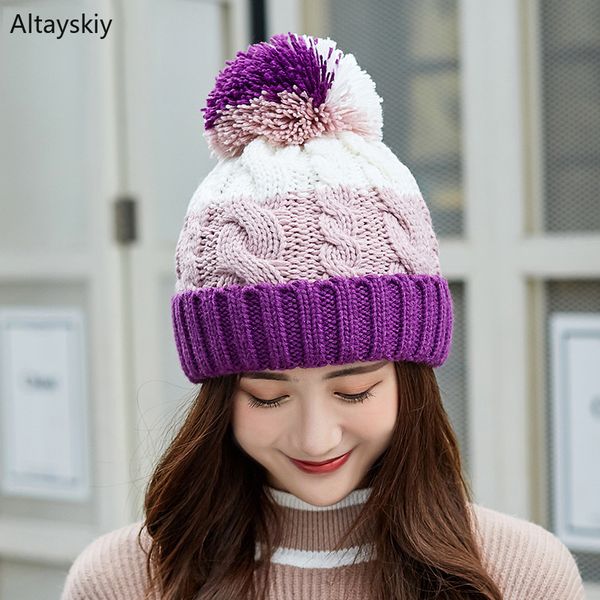 

beanies women wool hairball winter plus velvet knitted hat simple thickening cap womens elegant new korean beanie all-match warm, Blue;gray