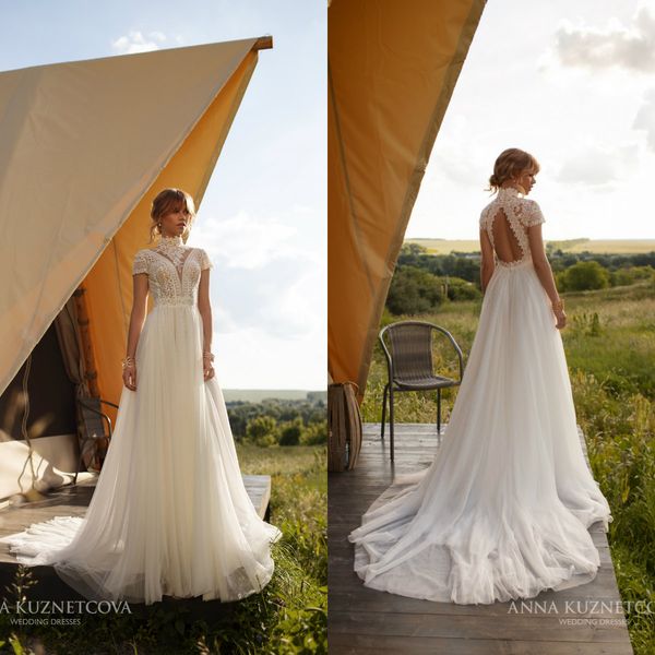 

2021 lace wedding dresses high collar capped sleeve appliques bridal gowns hollow back sweep train a line wedding dress robe de mariee, White