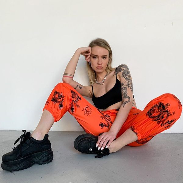 

fashion dragon print joggers street sweatpants women baggy high waist hip hop dance sports casual pants trousers streetwear, Black;blue