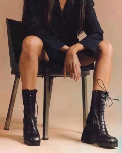 

hoof heels women ankle boots black geninue leatherlace up short boots fashion square toe platform women autumn winter 2020