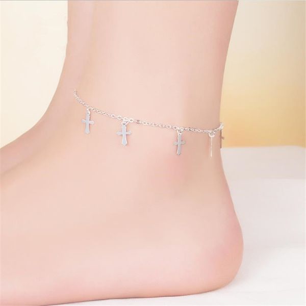 

kofsac 925 sterling silver chain link anklet cross pendant summer beach ankles foot bracelet new fashion foot jewelry for women, Red;blue