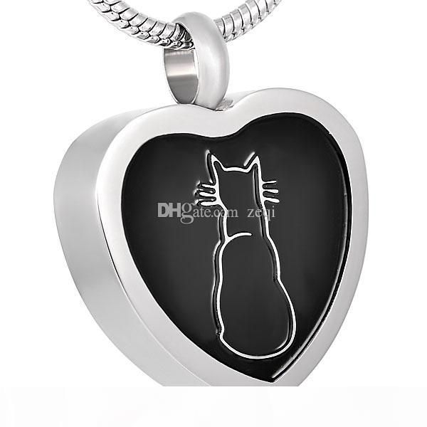 

ijd9021 cat print heart stainless steel cremation pendant necklace funeral casket memorial ashes keepsake urn necklace, Silver