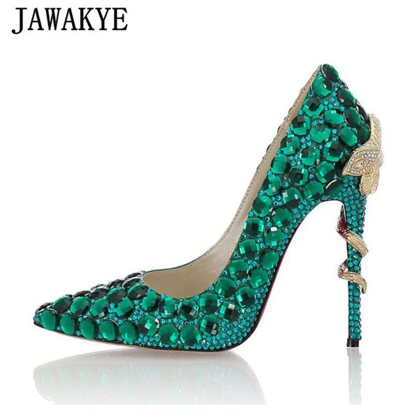 

2020 handmade crystal green high heel bride shoes rhinestone snake heel stilettos pointy toe women party wedding shoes, Black