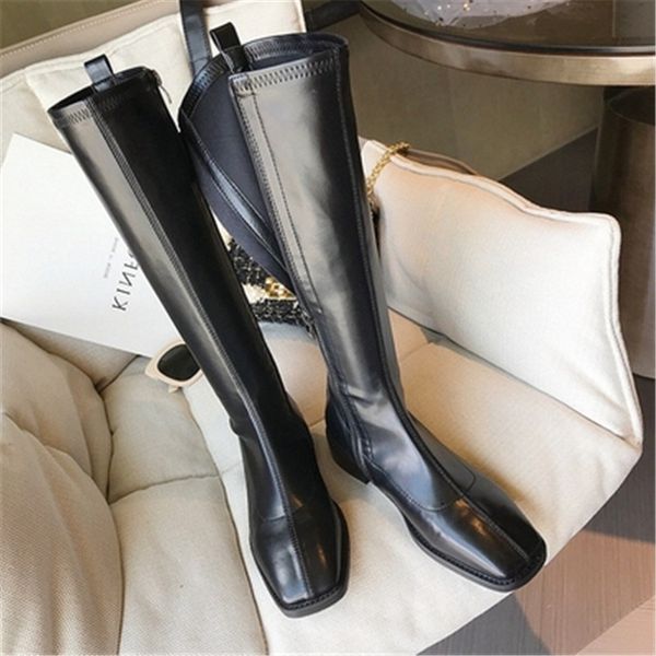 

knee high boots female shoes square chaussures femme fashion women boots low heels scarpe donna soft leather zipper botas, Black