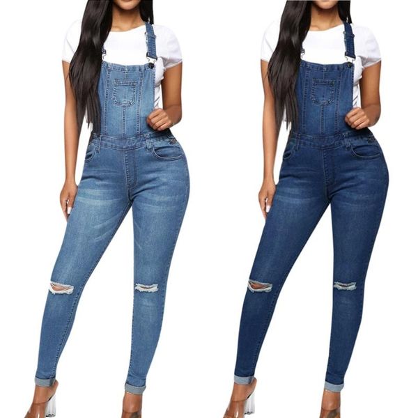 

women's jeans 2021 fashion high waist pocket jean leggings hole splice trouser rompers pant bib pants mujer l42, Blue