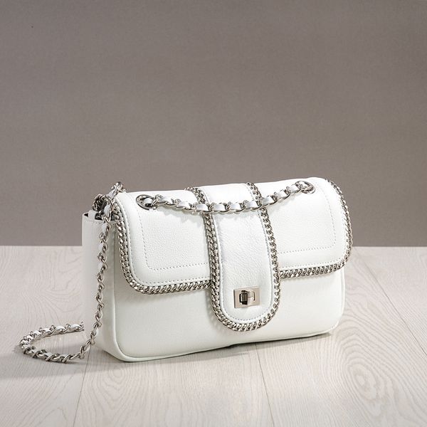 

blooming2020 style silver chain small decent square leather handbags shoulder diagonal bag head layer cowhide bags for women