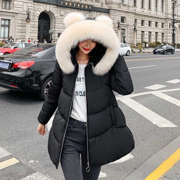 

2020 young girl women winter jacket hooded with fur collar hairball sweet loose overcoat plus size padded black long parka