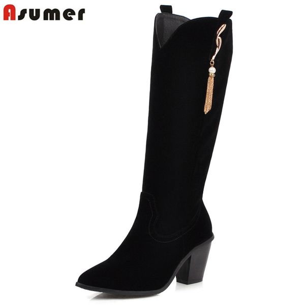 

asumer plus size 34-43 new women's boots thick high heels flock autumn winter boots fashion tassel ladies knee high shoes, Black