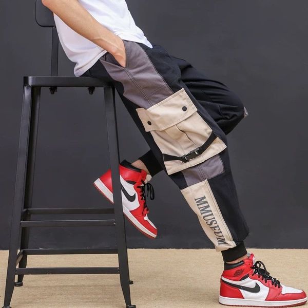 

2020 brand new hip hop cargo pants highstreet color block contrast sweatpants regular drawstring men joggers streetwear, Black