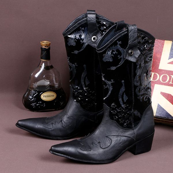 

christia bella winter dragon pattern men long boots black genuine leather men mid-calf boots pointed toe western cowboy