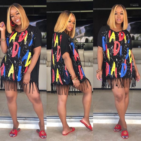 

clothing tassel letter print dresses womens summer crew neck short sleeve clothing women fashion casual, White;black