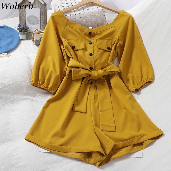 

woherb fashion jumpsuit ropa mujer slash neck bandage slim waist bodysuit loose wide leg short pants plsysuit summer clothing, Black;white