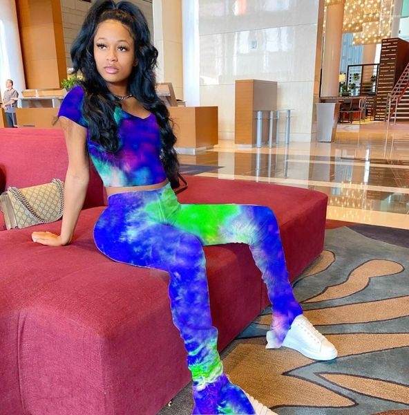 

pants matching set bell bottom outfits tie dye print tracksuit women 2 piece set casual crop high waist leggings stacked, White