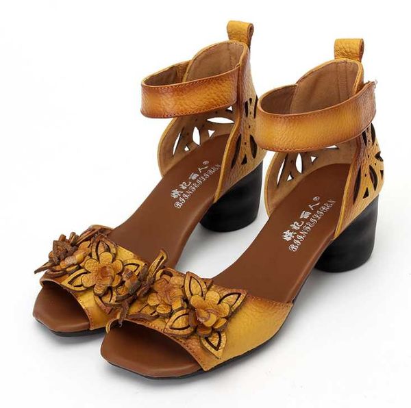 

women high heels sandals closed toe flower ethnic style handmade genuine leather personalized women sandal black yellow red