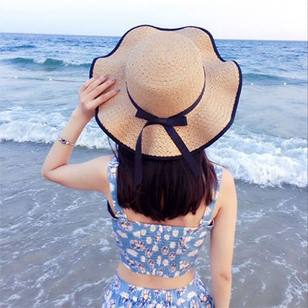 

wide brim hats straw weave sun hat women beach travel summer hawaiian holiday sunscreen uv protection casual cap panama chapeu, Blue;gray