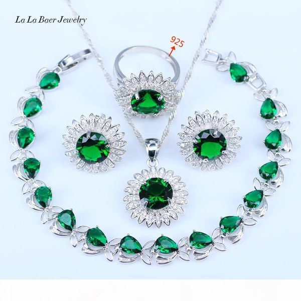 

flower blue stones white cz 925 sterling silver wedding jewelry sets for women earrings pendant necklace rings bracelets, Black