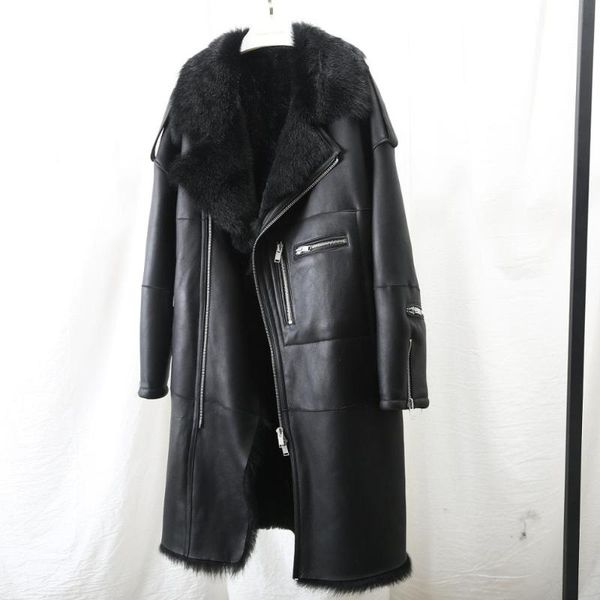 

women's fur & faux maylofuer long real sheepskin leather jacket female coat natural for winter woman tuscany wool locomotive suit black