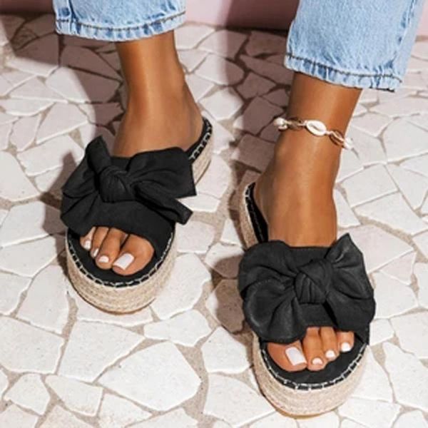 

women shoes summer bowknot flip flops straw flowers flip-flops comfortable slipper slip-on sandals casual beach shoes mujer 5.12, Black