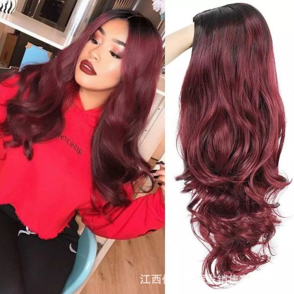 

european and american wigs female gradient long curly hair black gradient wine red fluffy big wave chemical fiber full headgear