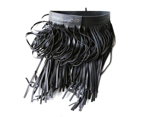 

western punk boho stylish long tassel black belts faux leather for women dress pant decorative high waist buckle belt, Black;brown