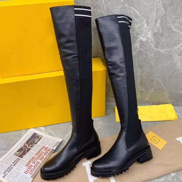 

vallu2020 winter new full leather and plush tube high tube street beauty all-match flat heel high shoes, Black