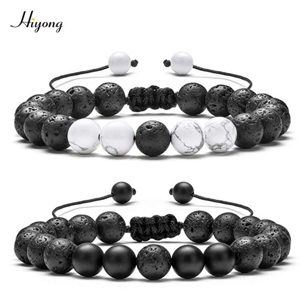 

2pcs black matte agates & white howlite beads bracelet adjustable natural lava rock stone healing distance bracelets for couples