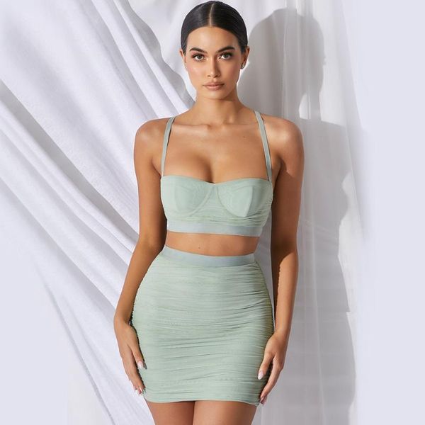 

spaghetti strap strapless crop biker shorts set green club outfits mesh two piece set matching sets 2 pc for women, Gray