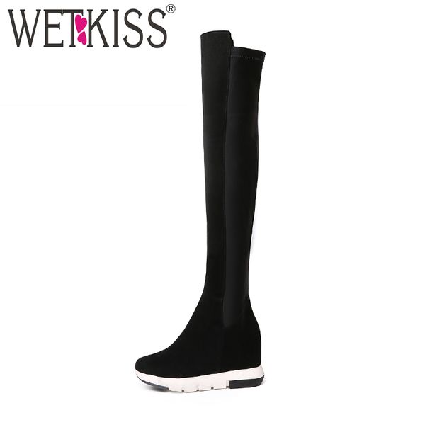 

wetkiss leisure style stretch over the knee boots natural leather suede winter boots height increasing rubber women shoes 2020, Black