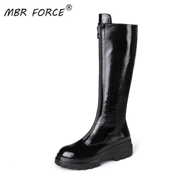 

mbr force patent leather women knee-high boots thick bottom platform woman ladies autumn chunky motorcycle boots, Black