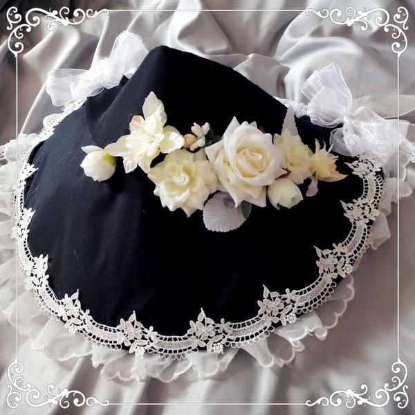 

japanese vintage princess sweet lolita bonnet gothic style summer sun hat women bow lace trim victorian soft wire brim bonnet, Blue;gray
