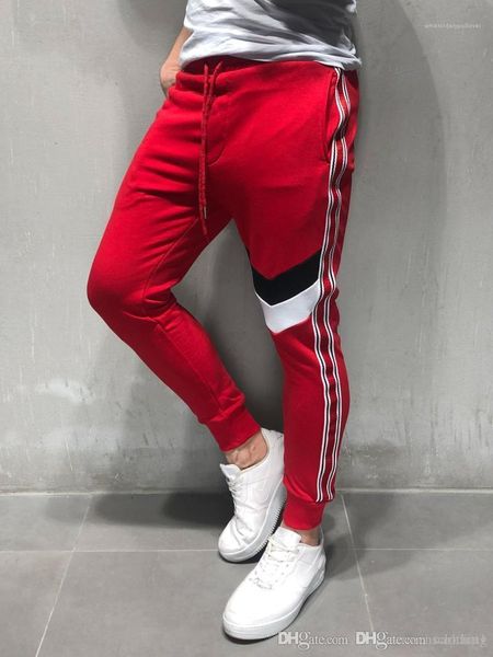 

drawstring long mens trousers fashion striped printed mens pencil pants autumn patchwork color mens pants slim, Black