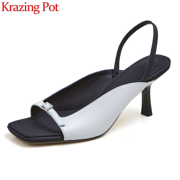 

krazing pot genuine leather peep toe high heels buckle decorations back strap mature lady party streetwear sandals women l11, Black