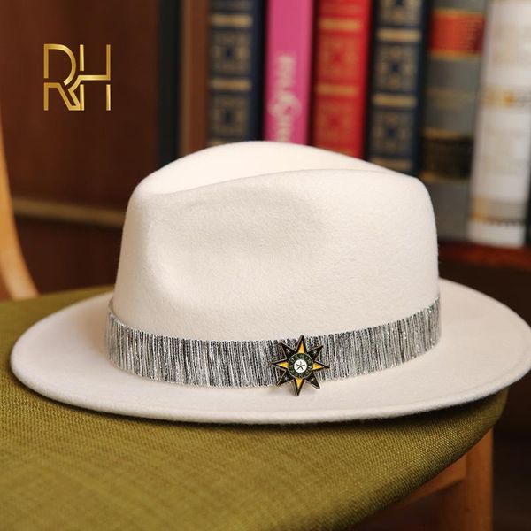 

fashion wide brim simple hat panama solid felt fedoras hat with ribbon for women artificial wool blend jazz cap, Blue;gray