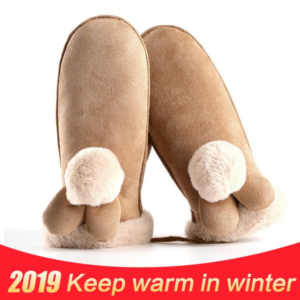 

five fingers gloves lovely cartoon hanging neck mittens winter warm thick cashmere suede women student outdoor cycling sports ski glove, Blue;gray