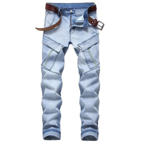 

designer jeans fashion multi pockets zipper fly elastic jeans mens slim long pants autumn winter mens, Blue
