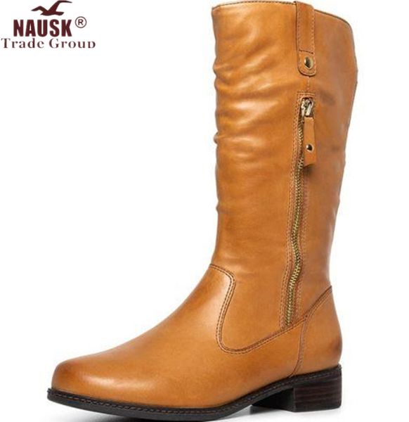 

new 2020 fashion motorcycle boots winter women plush warm mid calf boots square heel pu zipper botas mujer invierno 35-43, Black