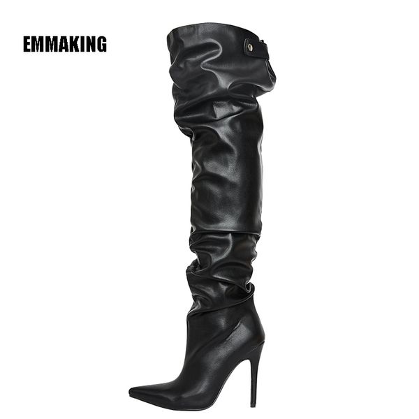 

2020 зимние runway более колена сапоги женщины черный заостренный toe высокие каблуки catwalk обувь lady sexy промежность бедро высокие сапо, Black