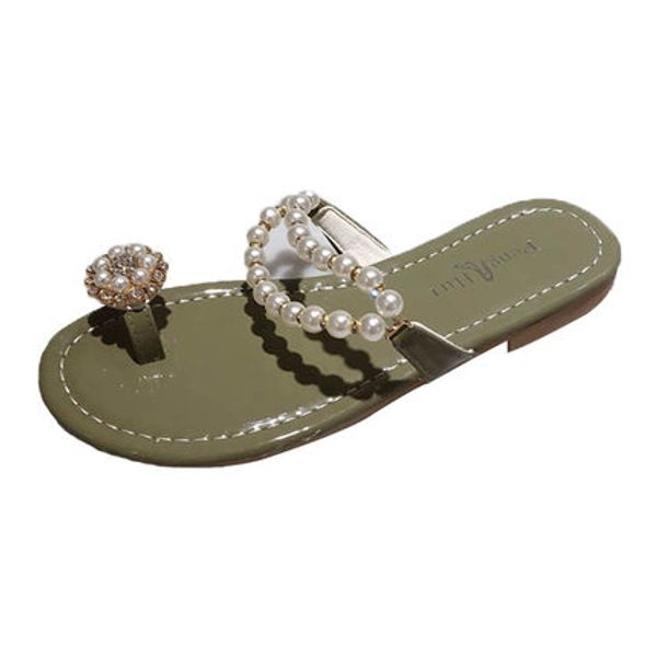 

sandals and slippers 020 new summer pearl flat bottom fashion rhinestone set toe large size women's sandals and slippers, Black