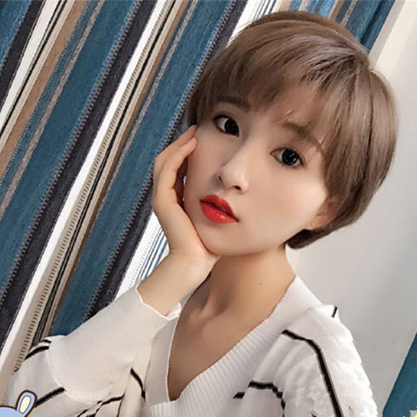 

japanese and korean wig women short straight hair air thin bangs handsome short breath straight found goods, Black