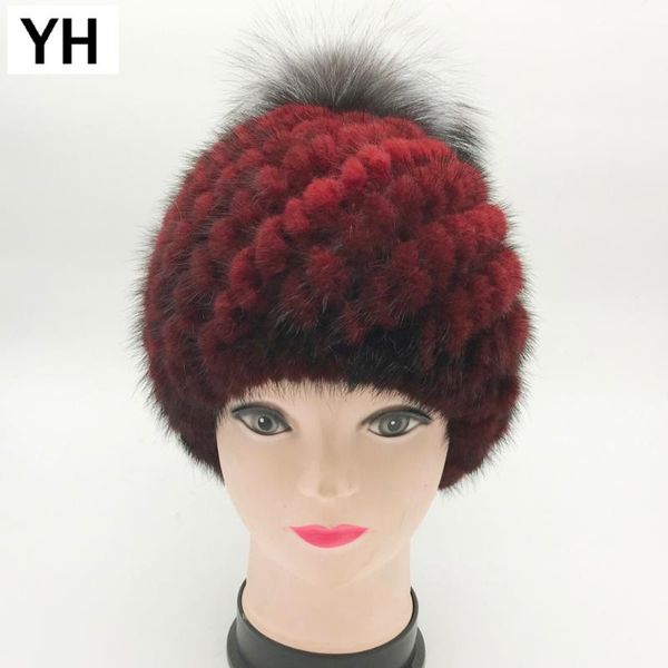 

winter real hats women warm pineapple cap fur ball on the hat beanies female 100% natural genuine cap, Blue;gray