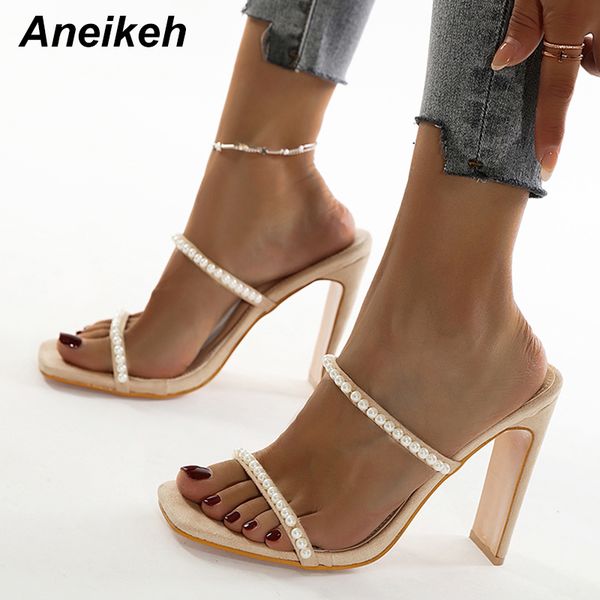 

aneikeh summer women shoes slippers slides pu string bead thin heel outside square toe black apricot size 36-42 new 2020 mules