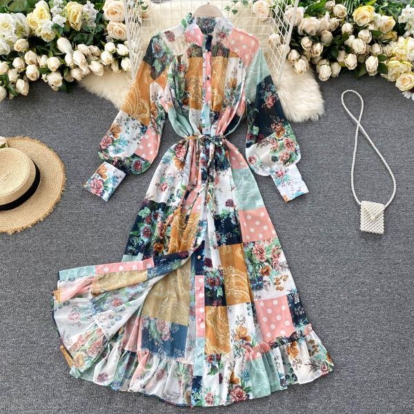 

lady elegant stand collar buckle lace-up high waist slim color plaid printed dress women elegant vestidos de fiesta n673, Black;gray